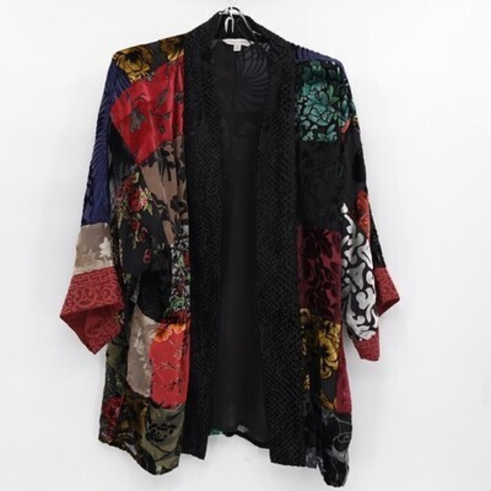 John Mark Jacket Womens Medium Open Multicolor Velvet Patchwork Kimono Floral
